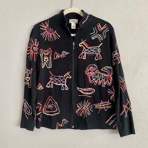 Chico’s Jacket Size Small Bohemian Tribal Embroidery Zip Up Black Multicolor